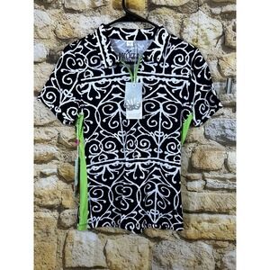 Dolcezza Women's Short Sleeve Golf Polo Shirt Black and White Scroll Print